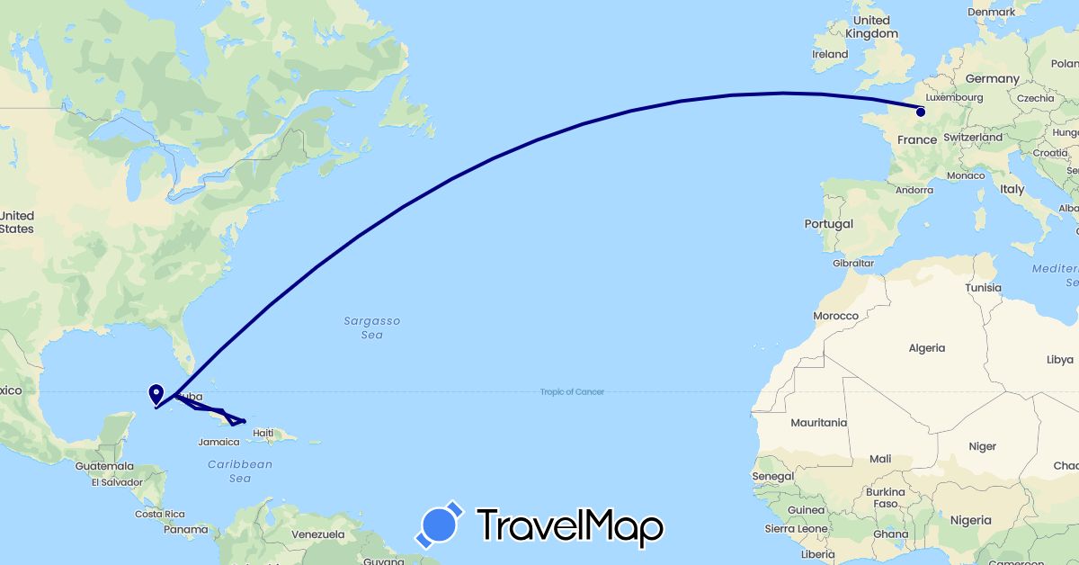 TravelMap itinerary: driving in Cuba, France (Europe, North America)